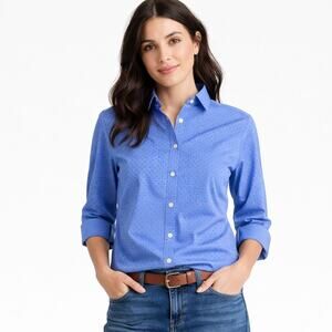 Lands End Cotton Button Up Shirt Blue Polka Dot Elbow Sleeve No Iron  Blouse 10